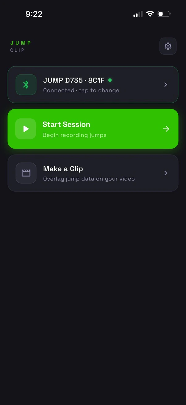 App home screen with connected device, start session and make a clip