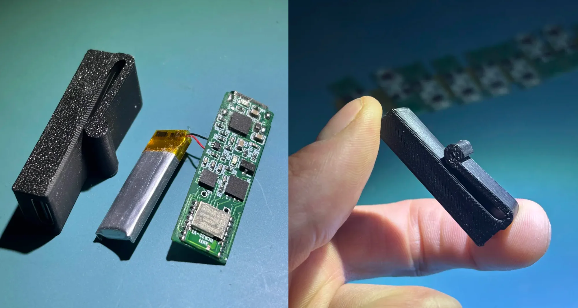 Printed enclosure, battery and PCB, and the assembled clip held between two fingers